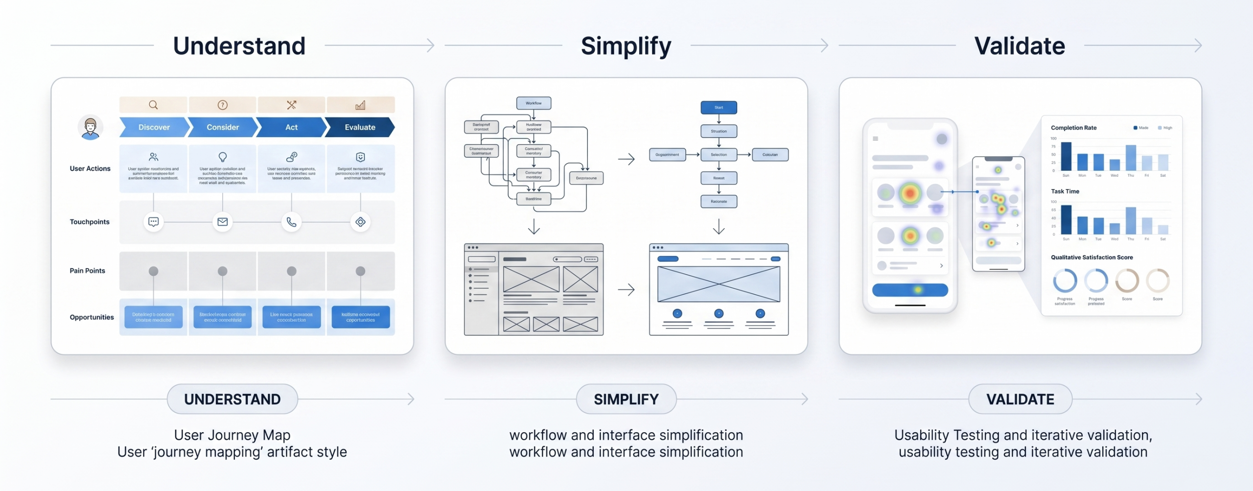 Three-step design approach showing understanding current workflows, simplifying experiences, and validating solutions through testing.